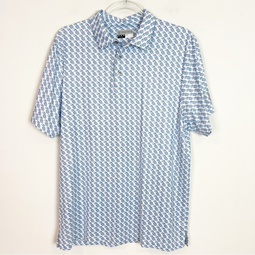 PGA TOUR PRO SERIES BLUE PINEAPPLE PRINT SHORT SLEEVE POLO GOLF SHIRT MEDIUM